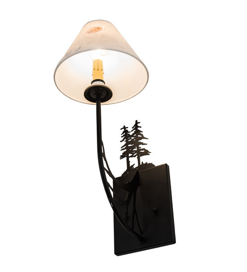 Meyda Lighting 8" Satin Black Wrought Iron Pressed Foliage Tall Pines Wall Sconce With Beige Fabric Shade