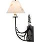 Meyda Lighting 8" Satin Black Wrought Iron Pressed Foliage Tall Pines Wall Sconce With Beige Fabric Shade