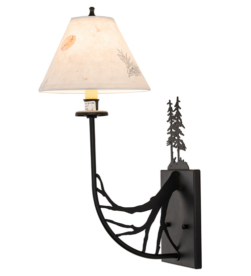 Meyda Lighting 8" Satin Black Wrought Iron Pressed Foliage Tall Pines Wall Sconce With Beige Fabric Shade