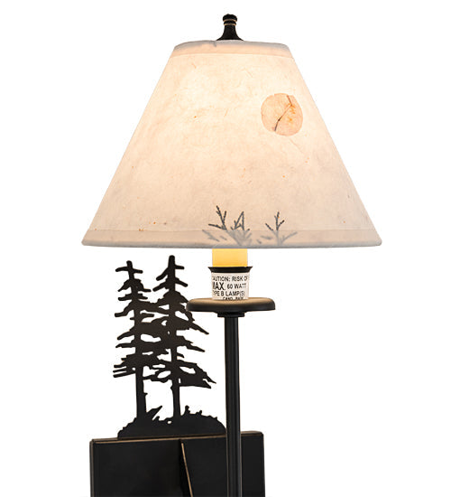 Meyda Lighting 8" Satin Black Wrought Iron Pressed Foliage Tall Pines Wall Sconce With Beige Fabric Shade