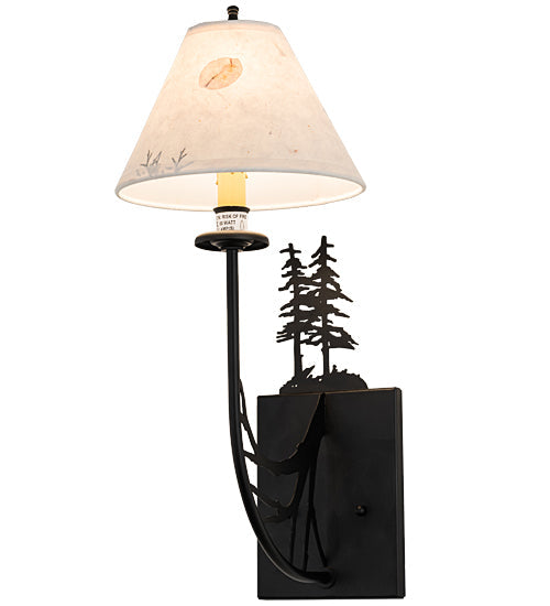 Meyda Lighting 8" Satin Black Wrought Iron Pressed Foliage Tall Pines Wall Sconce With Beige Fabric Shade
