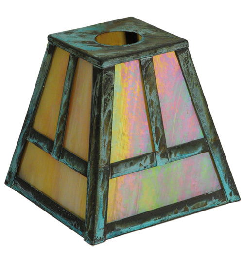 Meyda Lighting 9" Roofed T Mission Verdigris Frame With Iridescent Shade Glass With Ring