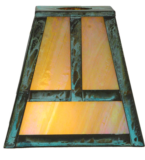 Meyda Lighting 9" Roofed T Mission Verdigris Frame With Iridescent Shade Glass With Ring