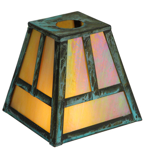 Meyda Lighting 9" Roofed T Mission Verdigris Frame With Iridescent Shade Glass With Ring