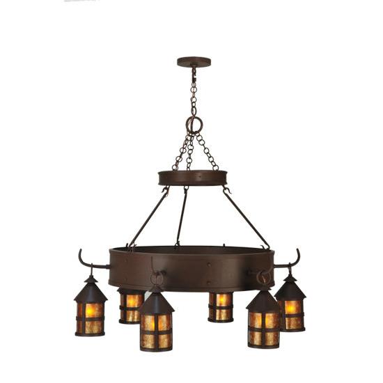 Meyda Lighting Aberdeen 48" 6-Light Cafe Noir Chandelier With Amber Mica Shade Glass