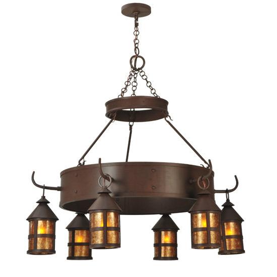 Meyda Lighting Aberdeen 48" 6-Light Cafe Noir Chandelier With Amber Mica Shade Glass