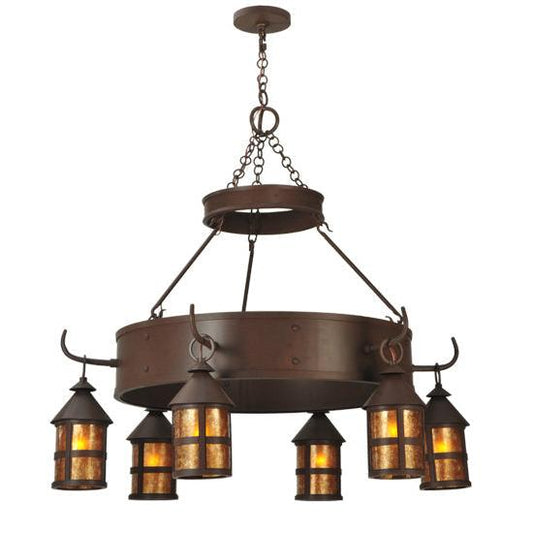Meyda Lighting Aberdeen 48" 6-Light Cafe Noir Chandelier With Amber Mica Shade Glass