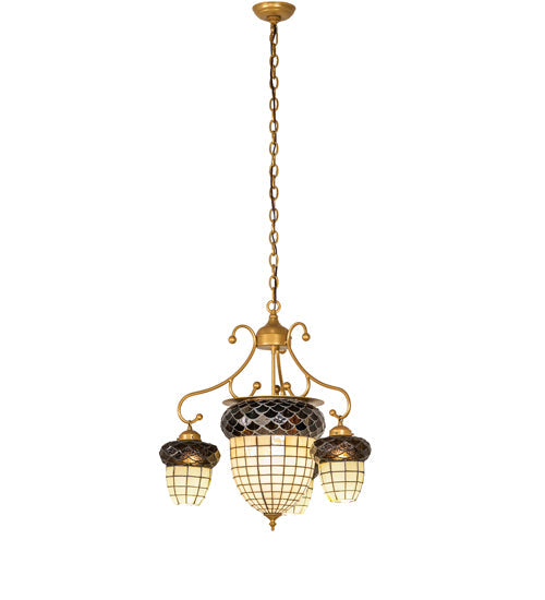Meyda Lighting Acorn 28" 5-Light Goldtastic Chandelier With Beige & Brown Stained Shade Glass