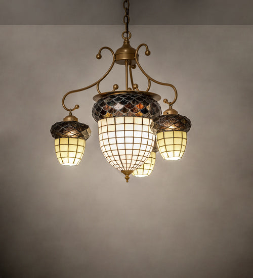 Meyda Lighting Acorn 28" 5-Light Goldtastic Chandelier With Beige & Brown Stained Shade Glass