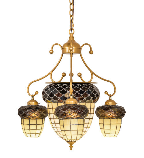 Meyda Lighting Acorn 28" 5-Light Goldtastic Chandelier With Beige & Brown Stained Shade Glass