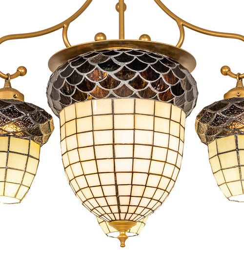 Meyda Lighting Acorn 28" 5-Light Goldtastic Chandelier With Beige & Brown Stained Shade Glass