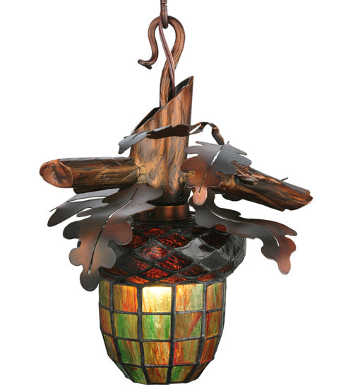Meyda Lighting Acorn Branch 13" Burnished Transparent Copper Pendant Light With Multi-Colored Shade Glass