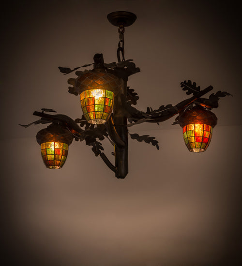 Meyda Lighting Acorn Branch 40" 3-Light Dark Burnished Antique Copper Chandelier With Autumn Green & Bark Brown Shade Glass