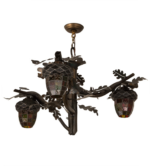 Meyda Lighting Acorn Branch 40" 3-Light Dark Burnished Antique Copper Chandelier With Autumn Green & Bark Brown Shade Glass