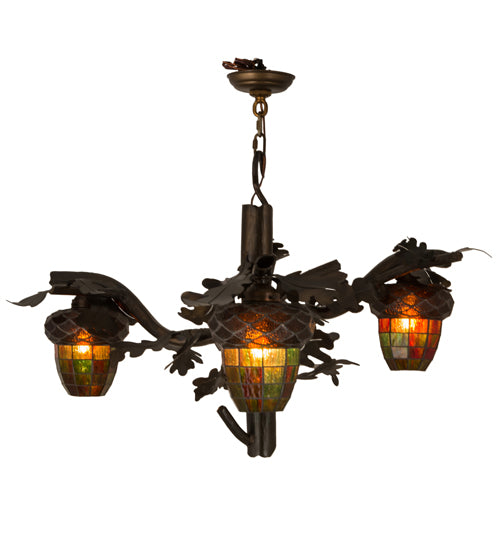 Meyda Lighting Acorn Branch 40" 3-Light Dark Burnished Antique Copper Chandelier With Autumn Green & Bark Brown Shade Glass