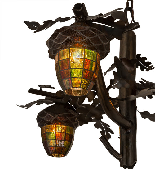Meyda Lighting Acorn Branch 40" 3-Light Dark Burnished Antique Copper Chandelier With Autumn Green & Bark Brown Shade Glass