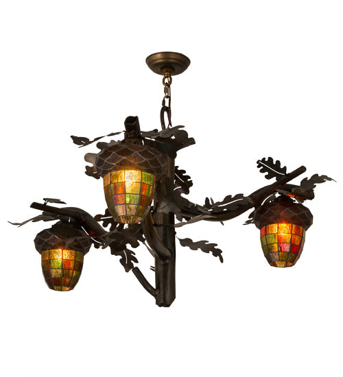 Meyda Lighting Acorn Branch 40" 3-Light Dark Burnished Antique Copper Chandelier With Autumn Green & Bark Brown Shade Glass