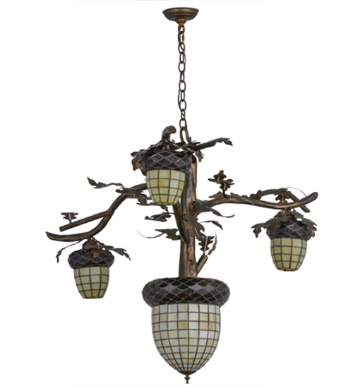 Meyda Lighting Acorn Branch 48" 4-Light Dark Burnished Antique Copper Chandelier With Bark Brown & Beige Art Shade Glass