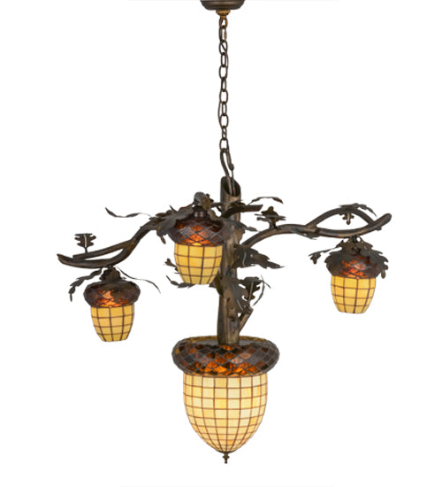 Meyda Lighting Acorn Branch 48" 4-Light Dark Burnished Antique Copper Chandelier With Bark Brown & Beige Art Shade Glass
