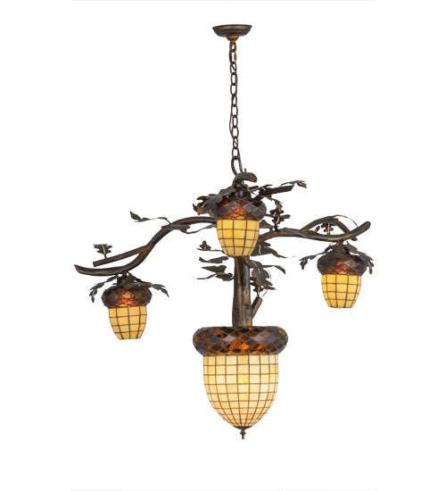 Meyda Lighting Acorn Branch 48" 4-Light Dark Burnished Antique Copper Chandelier With Bark Brown & Beige Art Shade Glass