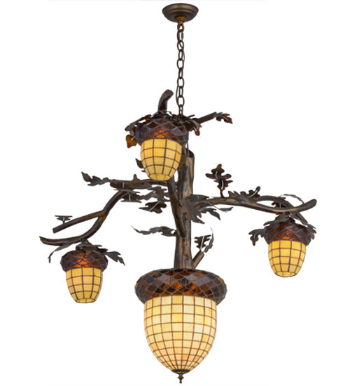 Meyda Lighting Acorn Branch 48" 4-Light Dark Burnished Antique Copper Chandelier With Bark Brown & Beige Art Shade Glass