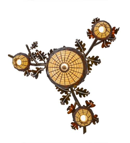 Meyda Lighting Acorn Branch 48" 4-Light Dark Burnished Antique Copper Chandelier With Bark Brown & Beige Art Shade Glass