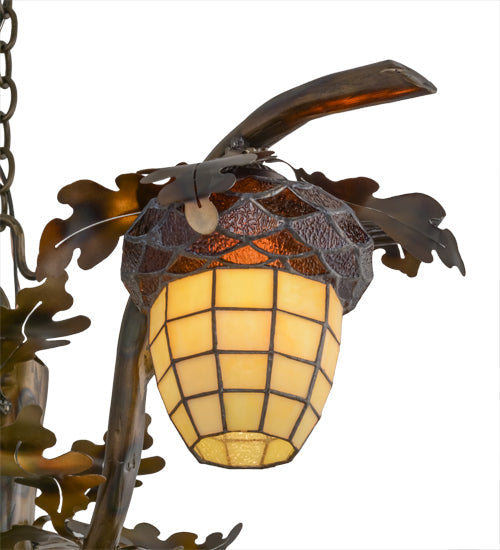 Meyda Lighting Acorn Branch 48" 4-Light Dark Burnished Antique Copper Chandelier With Bark Brown & Beige Art Shade Glass