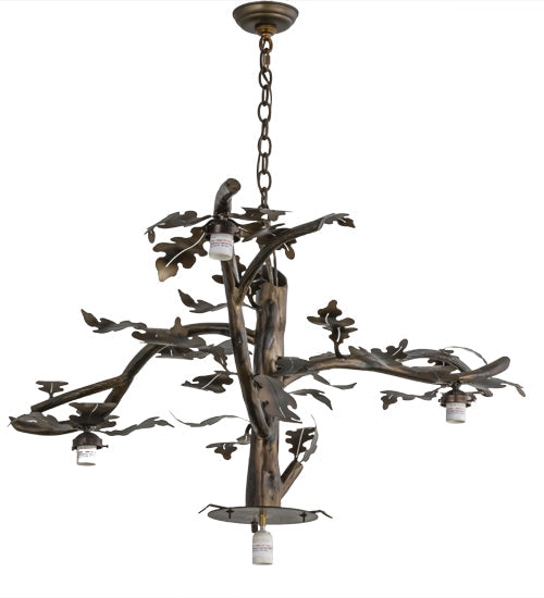 Meyda Lighting Acorn Branch 48" 4-Light Dark Burnished Antique Copper Chandelier With Bark Brown & Beige Art Shade Glass