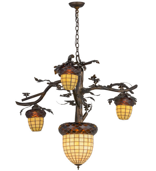 Meyda Lighting Acorn Branch 48" 4-Light Dark Burnished Antique Copper Chandelier With Bark Brown & Beige Art Shade Glass