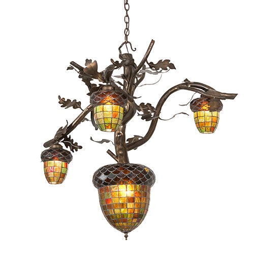 Meyda Lighting Acorn Branch 48" Antique Copper 4-Light Chandelier With Multi-Colored Shade Glass