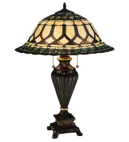 Meyda Lighting Aello 28" 3-Light Chestnut With Gold Table Lamp With Multi-Colored Shade Glass