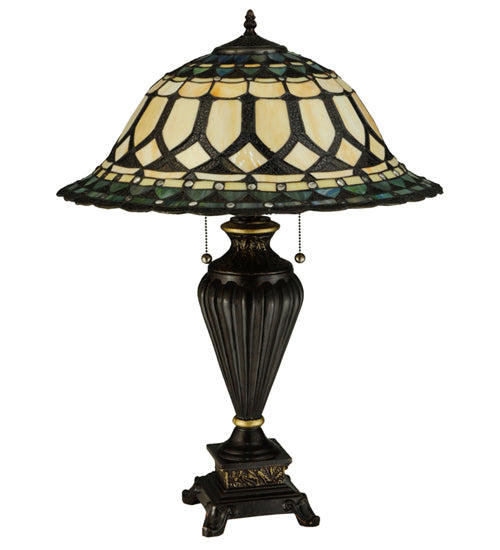 Meyda Lighting Aello 28" 3-Light Chestnut With Gold Table Lamp With Multi-Colored Shade Glass