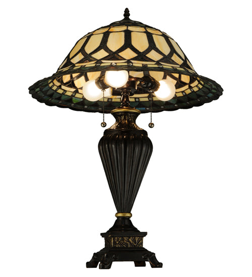Meyda Lighting Aello 28" 3-Light Chestnut With Gold Table Lamp With Multi-Colored Shade Glass