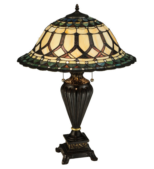 Meyda Lighting Aello 28" 3-Light Chestnut With Gold Table Lamp With Multi-Colored Shade Glass