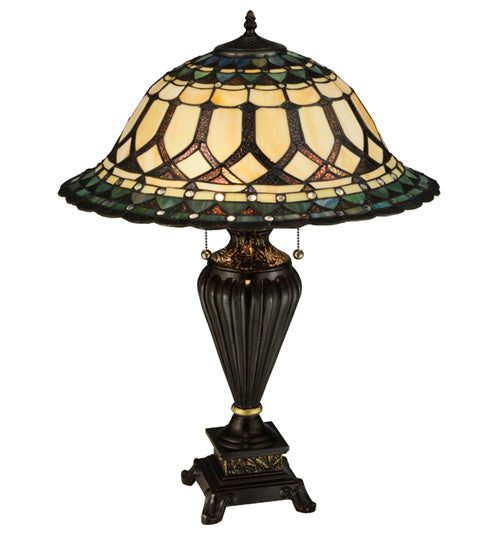 Meyda Lighting Aello 28" 3-Light Chestnut With Gold Table Lamp With Multi-Colored Shade Glass