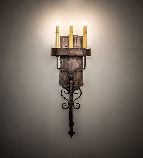 Meyda Lighting Ahriman 10" 3-Light Cimarron Bronze Wall Sconce With Amber Faux Candlelight