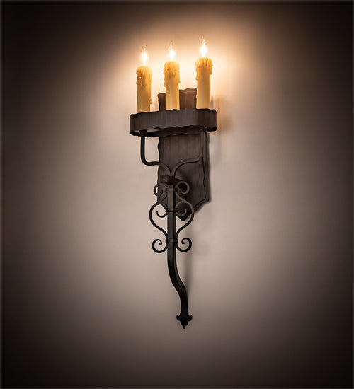 Meyda Lighting Ahriman 10" 3-Light Classic Rust Wall Sconce With Amber Faux Candlelight