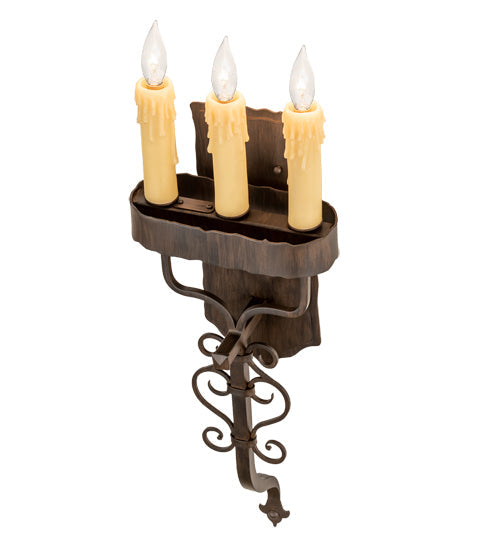 Meyda Lighting Ahriman 10" 3-Light Classic Rust Wall Sconce With Amber Faux Candlelight