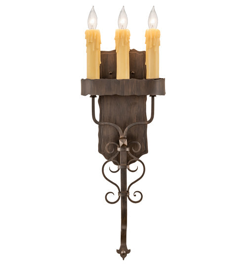 Meyda Lighting Ahriman 10" 3-Light Classic Rust Wall Sconce With Amber Faux Candlelight
