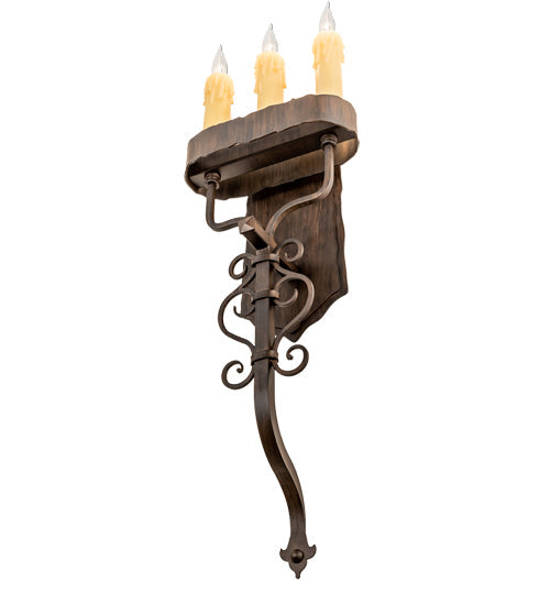 Meyda Lighting Ahriman 10" 3-Light Classic Rust Wall Sconce With Amber Faux Candlelight