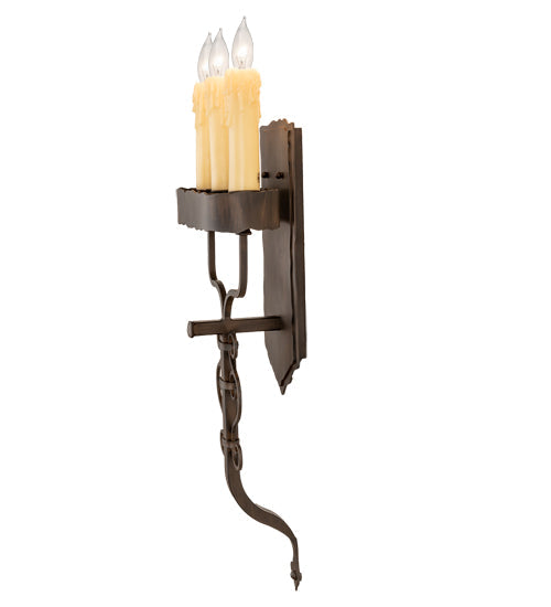 Meyda Lighting Ahriman 10" 3-Light Classic Rust Wall Sconce With Amber Faux Candlelight