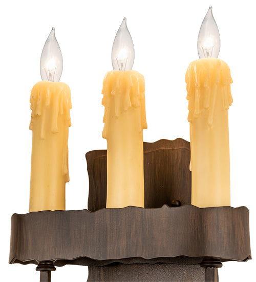 Meyda Lighting Ahriman 10" 3-Light Classic Rust Wall Sconce With Amber Faux Candlelight