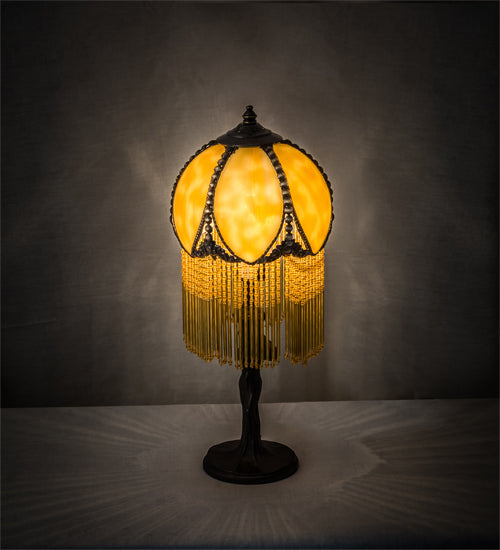 Meyda Lighting Alicia 15" Craftsman Brown Mini Table Lamp With Biege Art Shade Glass