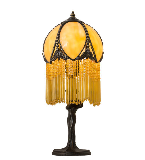 Meyda Lighting Alicia 15" Craftsman Brown Mini Table Lamp With Biege Art Shade Glass