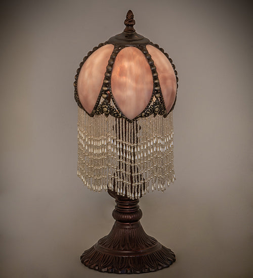 Meyda Lighting Alicia 16" Mahogany Bronze Mini Table Lamp With Lilac Art Glass & White Pearl Fringe Shade