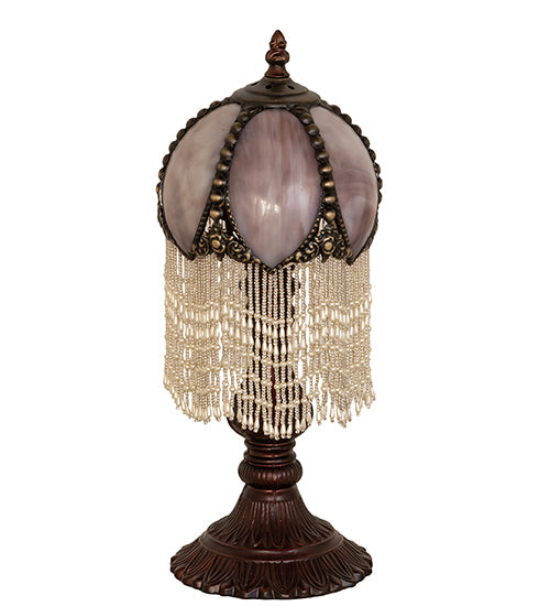 Meyda Lighting Alicia 16" Mahogany Bronze Mini Table Lamp With Lilac Art Glass & White Pearl Fringe Shade