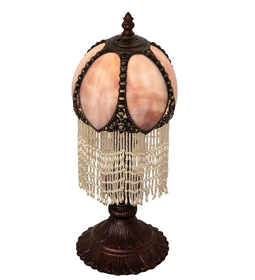 Meyda Lighting Alicia 16" Mahogany Bronze Mini Table Lamp With Lilac Art Glass & White Pearl Fringe Shade