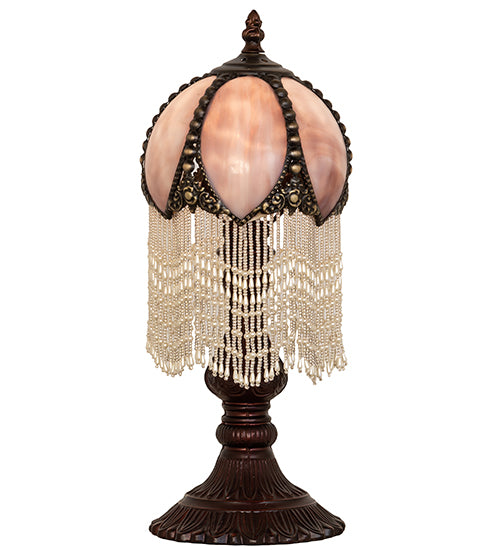 Meyda Lighting Alicia 16" Mahogany Bronze Mini Table Lamp With Lilac Art Glass & White Pearl Fringe Shade
