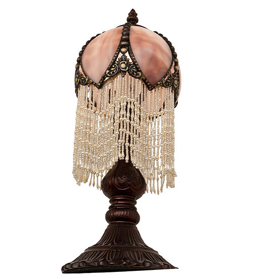Meyda Lighting Alicia 16" Mahogany Bronze Mini Table Lamp With Lilac Art Glass & White Pearl Fringe Shade