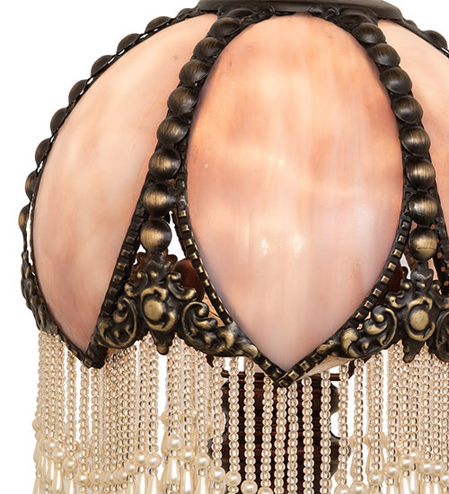 Meyda Lighting Alicia 16" Mahogany Bronze Mini Table Lamp With Lilac Art Glass & White Pearl Fringe Shade